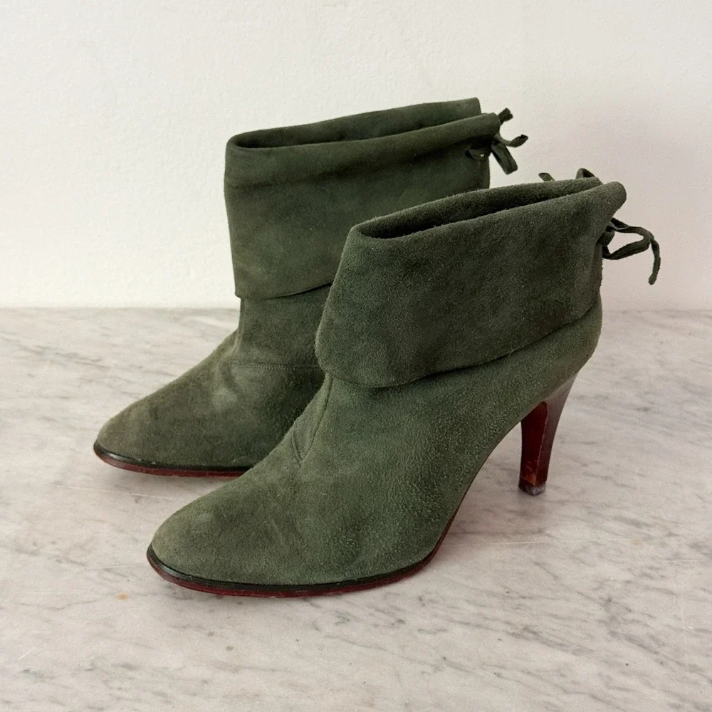 Christian Dior Vintage Ankle Boots Suede Fold Over Cuff 7.5 Olive Green Tie Back